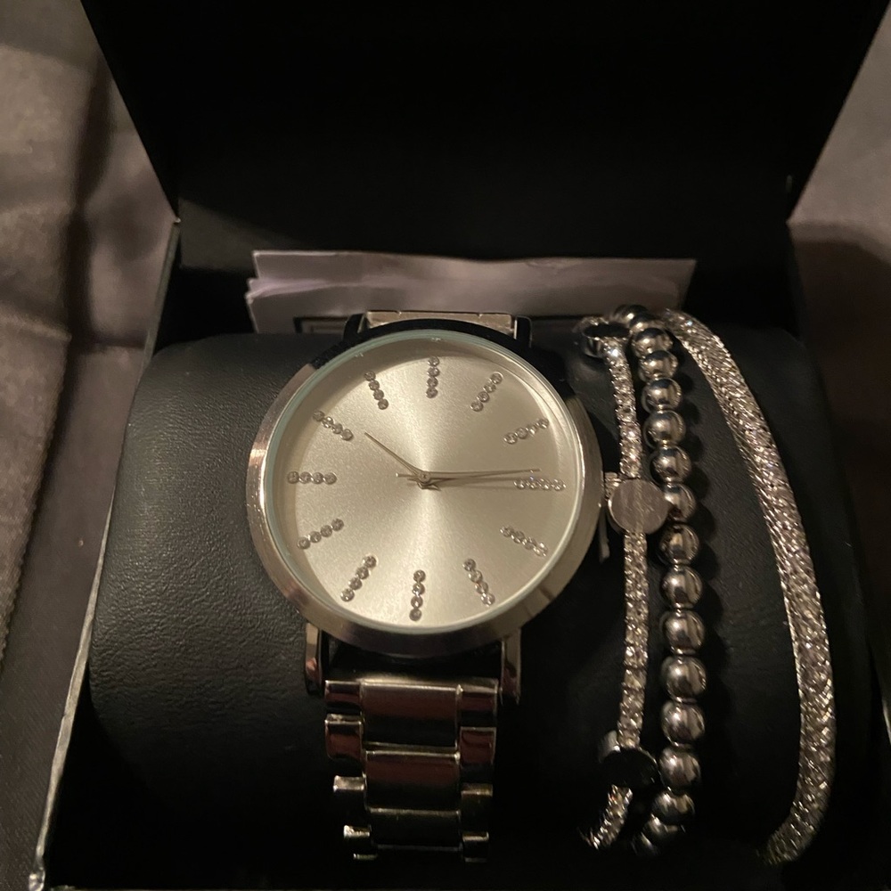 Silver Crystal-Accented Watch with Bracelet Set